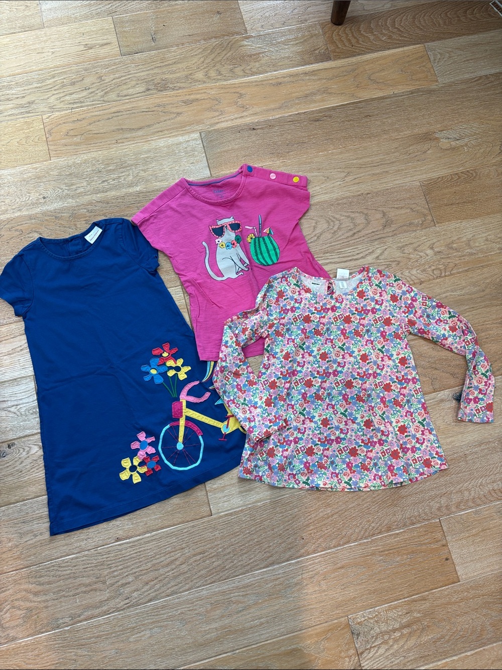 Girls Pink Cat Graphic Tee, Floral Long-Sleeve Top & Navy Bike Dress Set